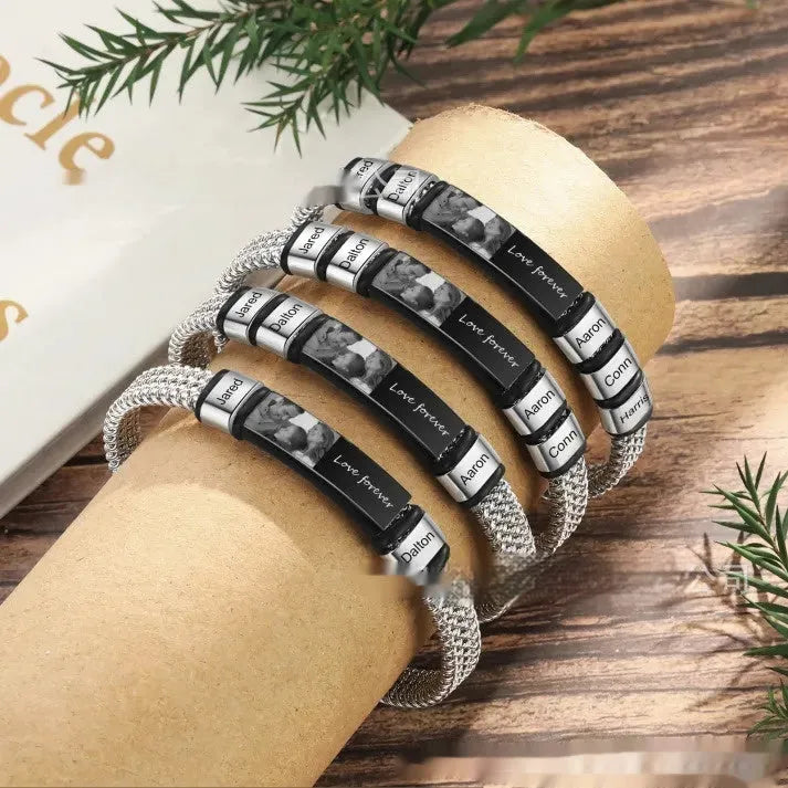Men's titanium steel and leather rope lettering bracelet with heart-shaped beads