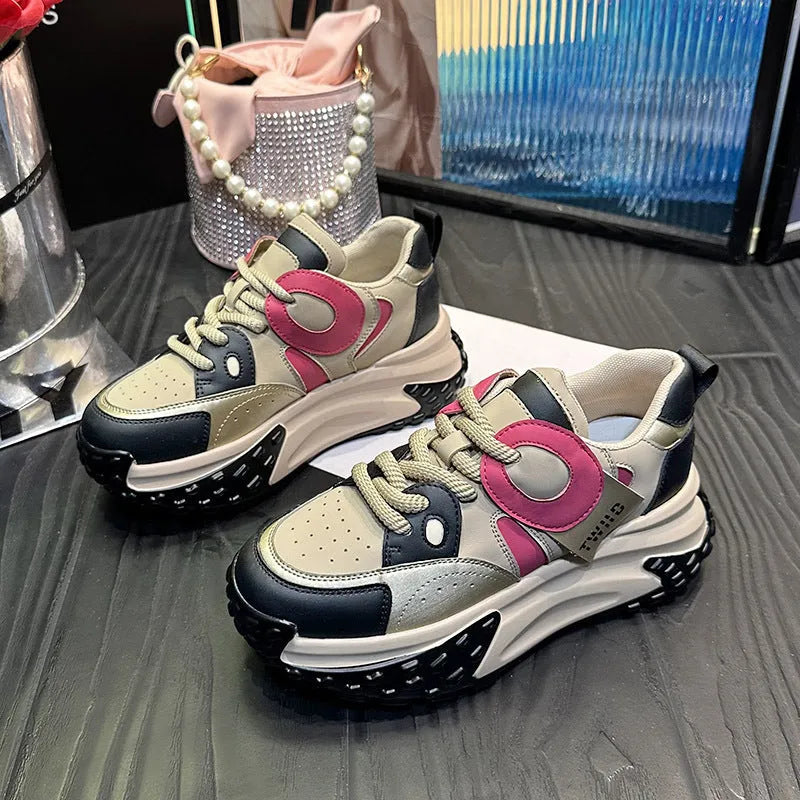 Women's thick-soled leather sports casual shoes in silver colour with round toe and lace-up front.