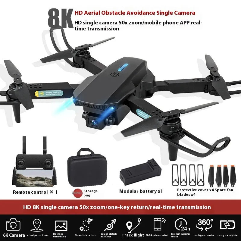 S138 black folding quadcopter drone with obstacle avoidance sensors and dual cameras, folded to under 30cm size