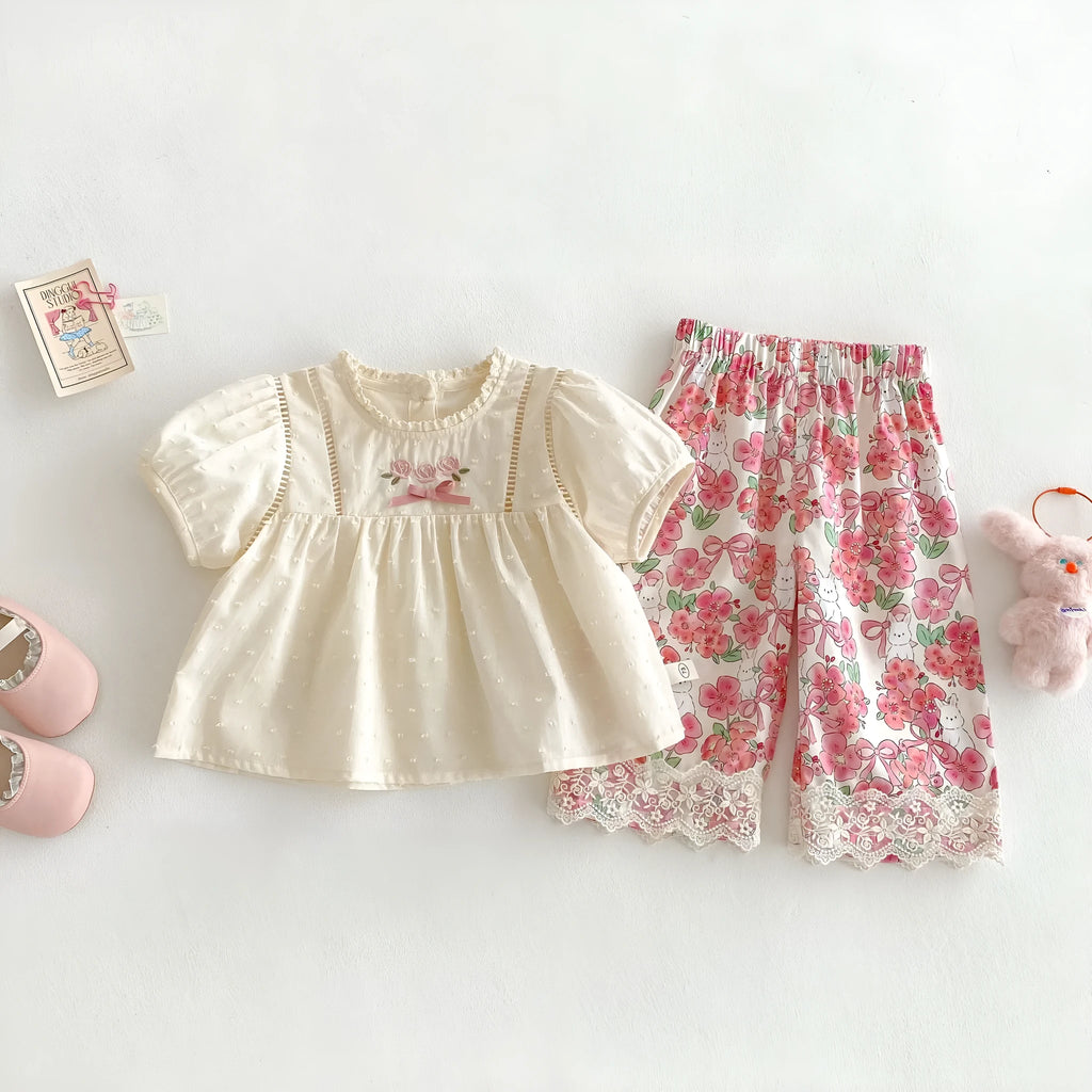 Children's lace collar cotton shirt and lace straight-leg pants set in almond colour