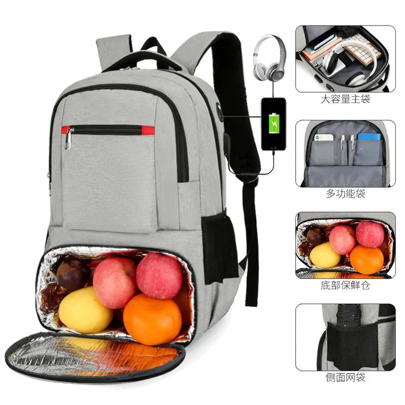Light grey Oxford cloth insulated backpack with curved shoulder straps and pull rod belt