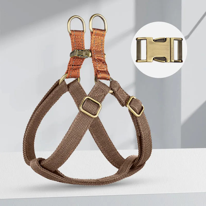Brown vest-style dog leash with cotton belt and alloy fasteners