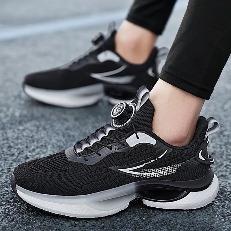 Low-top running shoes with rotating buckle closure in fly-knit mesh construction