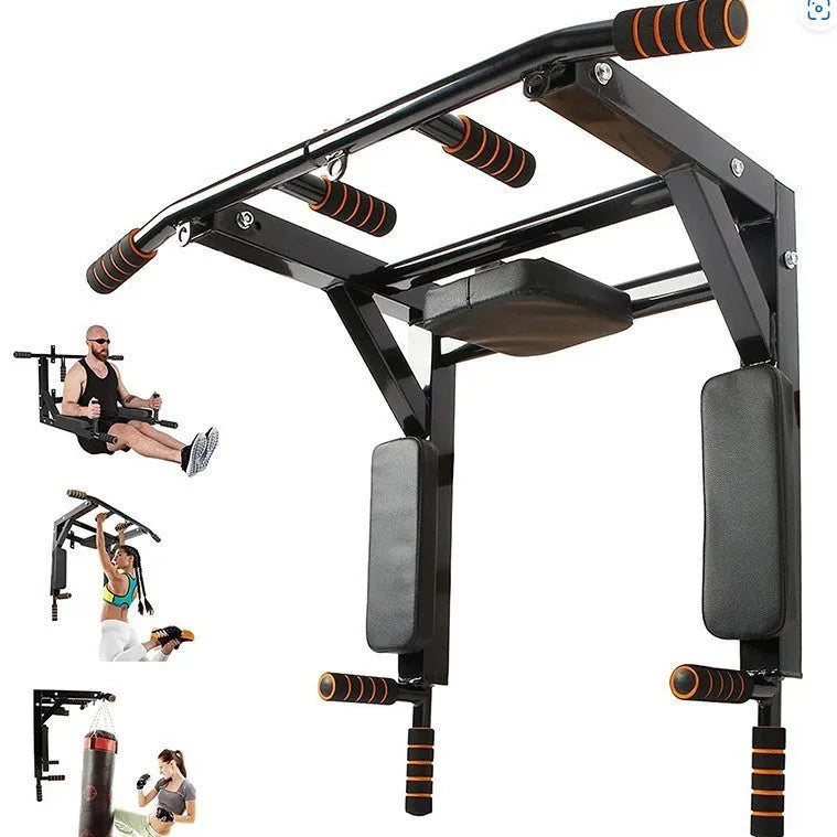 Black wall-mounted steel fitness rack with sandbag mounts and parallel pull-up bars