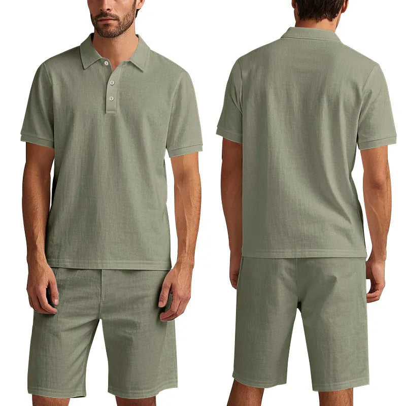 Men's loose-fit linen blend shorts suit in light blue for summer, showing short-sleeve shirt and matching shorts.