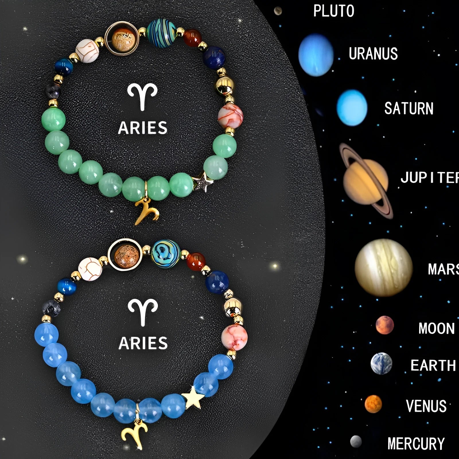 Two natural stone beaded bracelets showing zodiac symbols for all twelve astrology signs