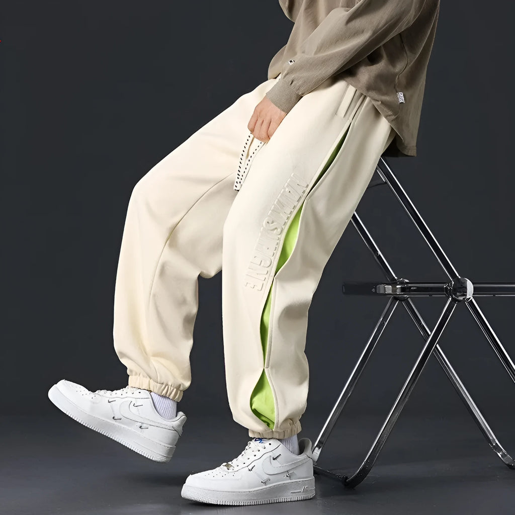 Men's cotton trousers with stitching printing design and banded ankle styling in multiple colour options