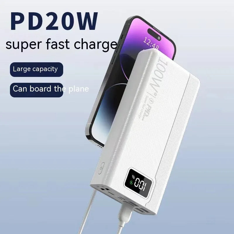 Large capacity power bank portable charger in black or white plastic housing