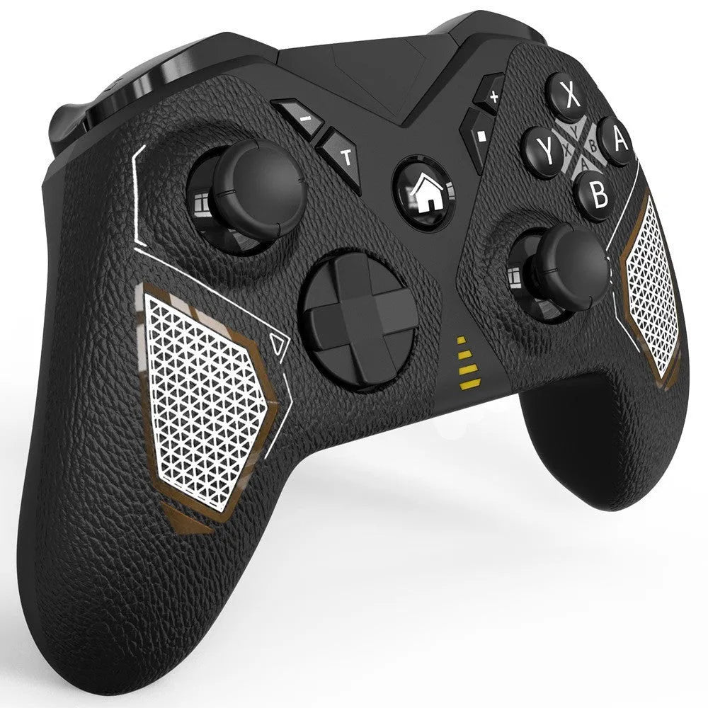 Black wireless game controller with leather pattern grip for Nintendo Switch and mobile devices.