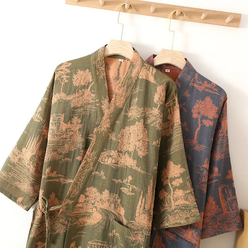 Men's cotton gauze kimono long dress bathrobe in dark blue, lightweight and breathable