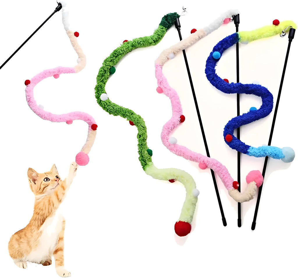 Blue plush strip cat wand toy with colourful fluffy bell attachment on 41cm pole