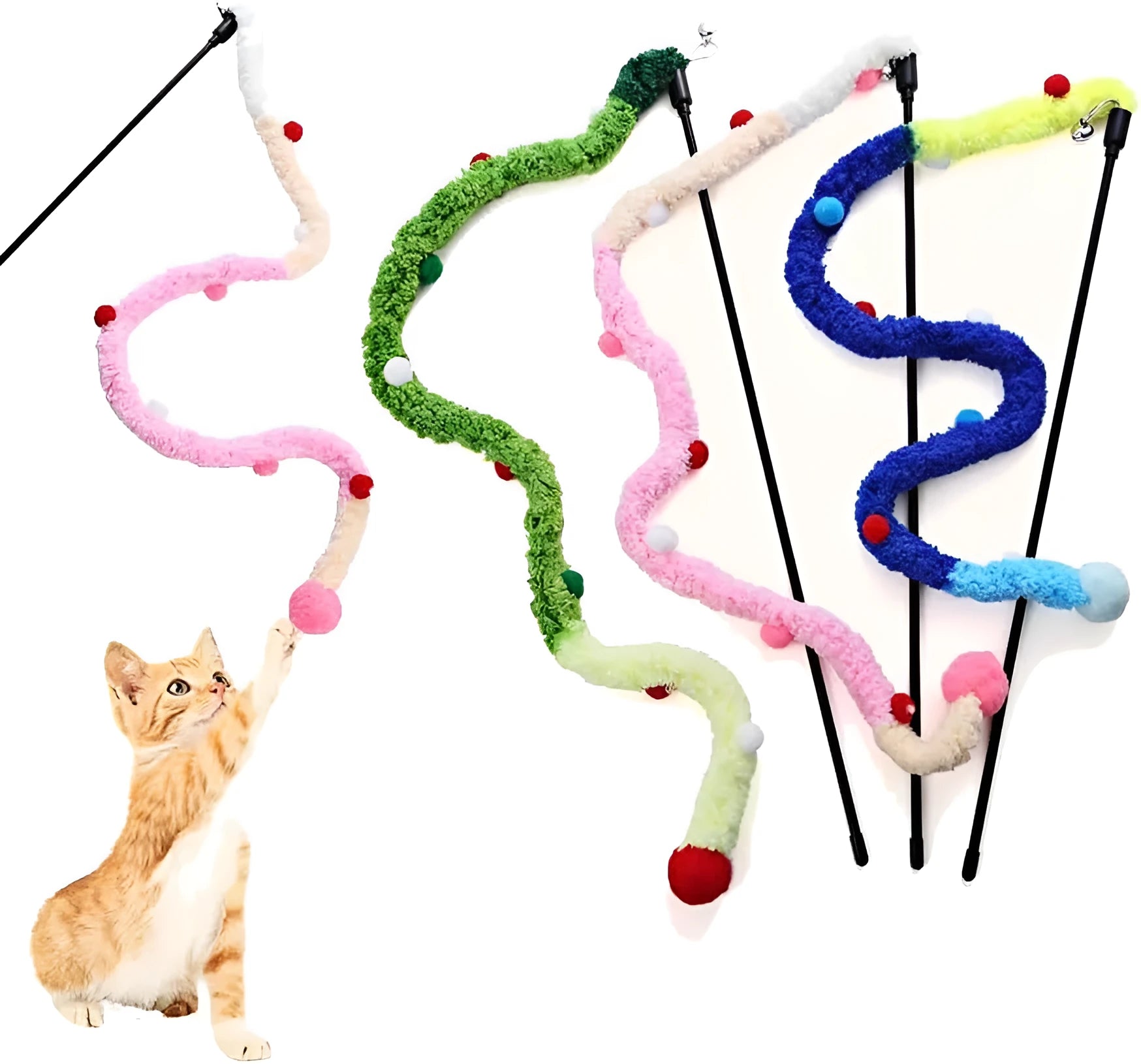 Blue plush strip cat wand toy with colourful fluffy bell attachment on 41cm pole