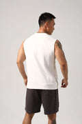 Korean style men's loose cotton fitness vest with hidden hook side openings in black, blue, grey, or white.