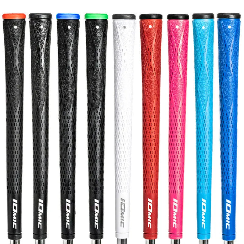 TPE golf club replacement grip shown in assorted colours including pink, red, blue, white, and black with coloured heads.