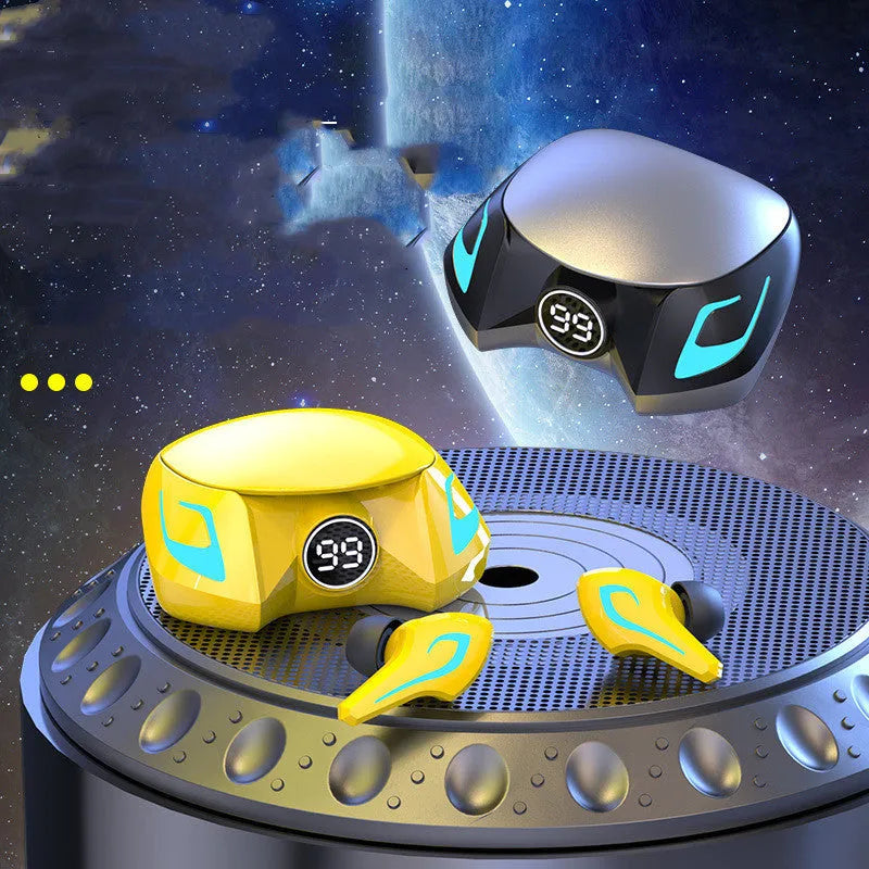 Gaming Bluetooth headset with earplug design in black, dark grey, or yellow colours
