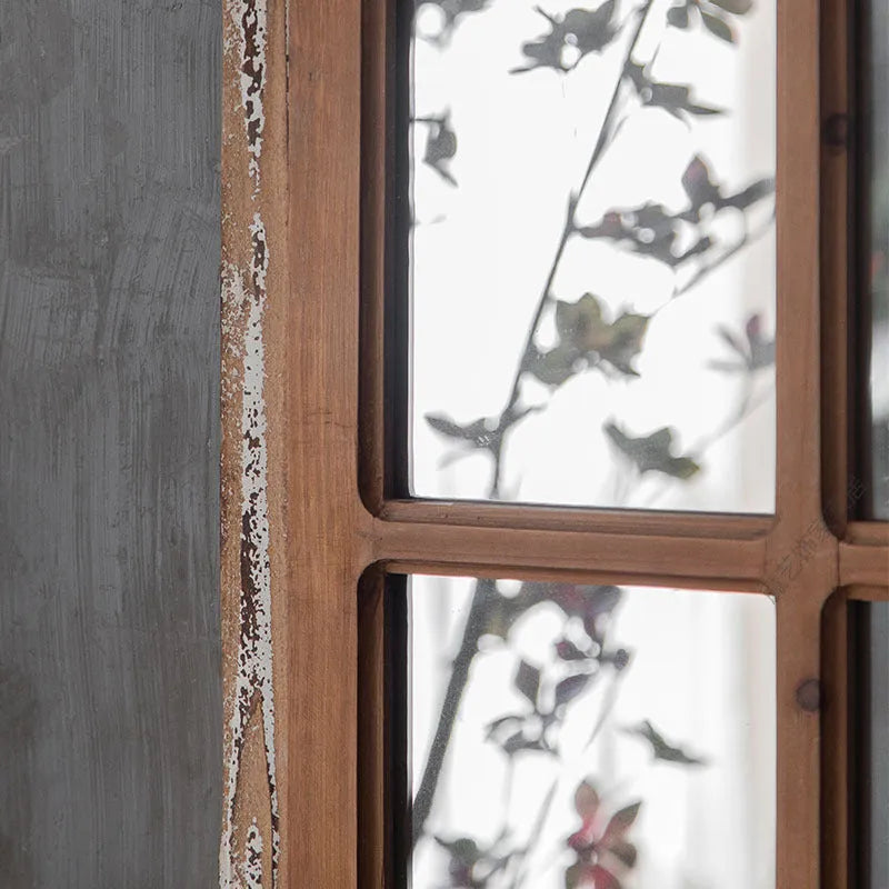 Distressed wooden frame fake window wall mirror in log colour