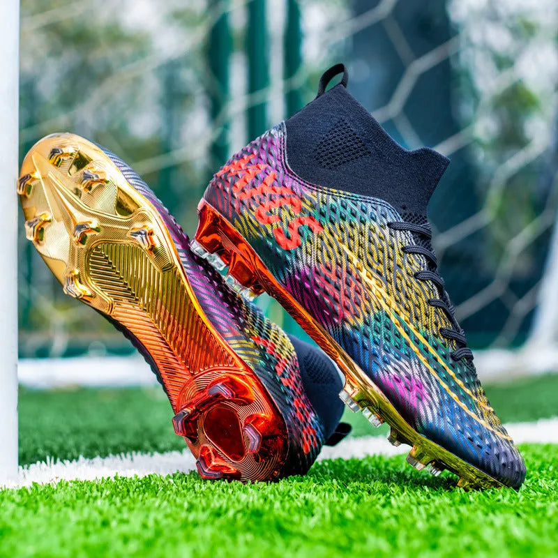 Men's outdoor high-top soccer shoes in green with synthetic leather upper and rubber sole