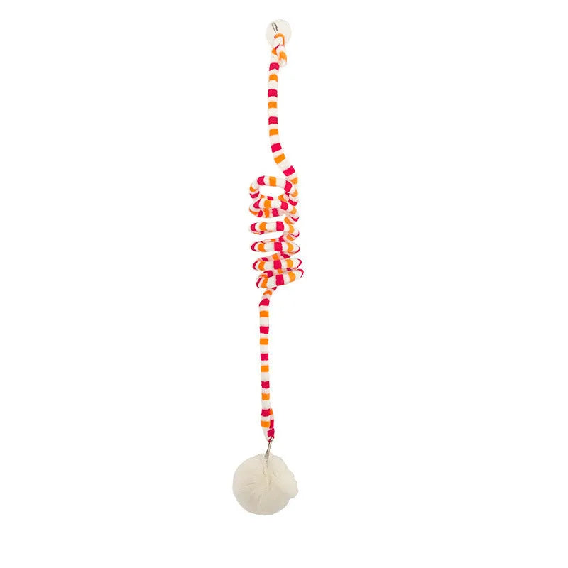 Kitten playing with a spring-mounted hanging ball toy attached to a door by a suction cup.