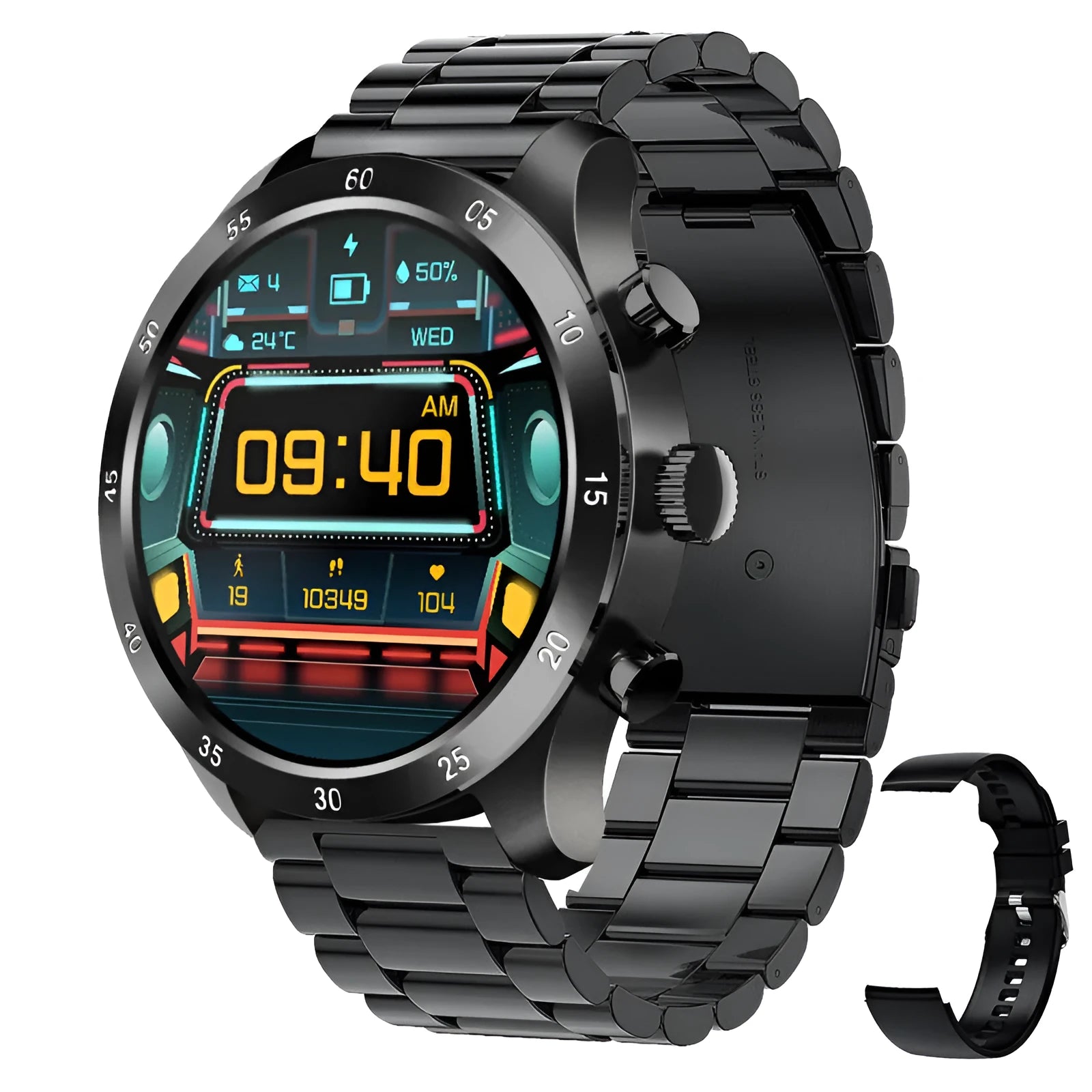 Apple iOS smart watch with Bluetooth calling on wrist, showing bamboo steel strap option.