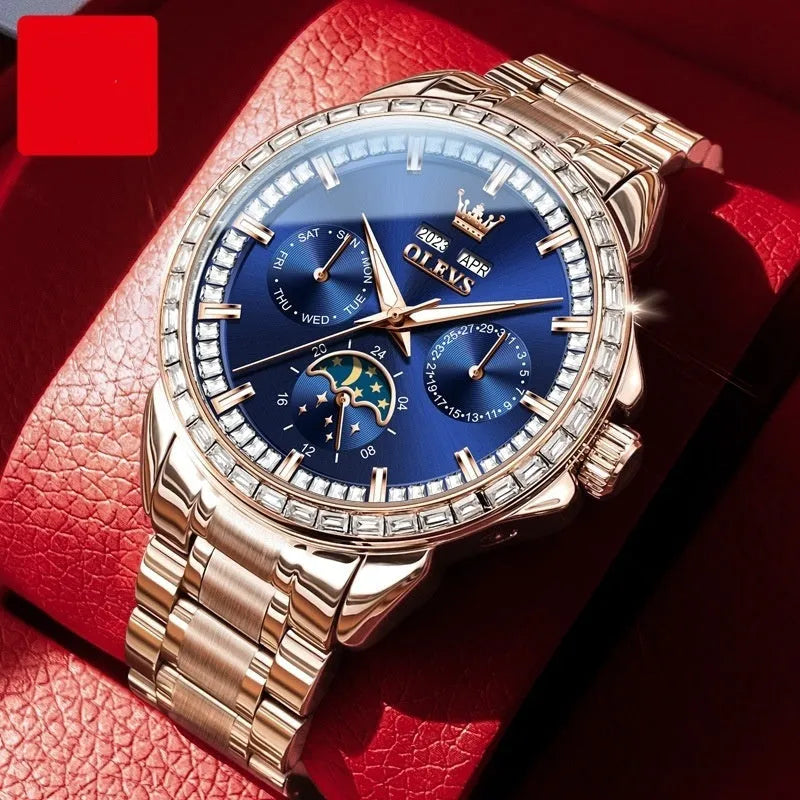 Men's stainless steel automatic watch with diamond dial and transparent case back.