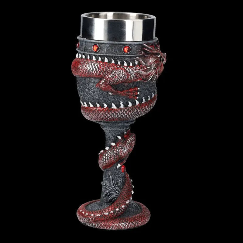 Red wine glass with gold 3D dragon resin design on stainless steel base.