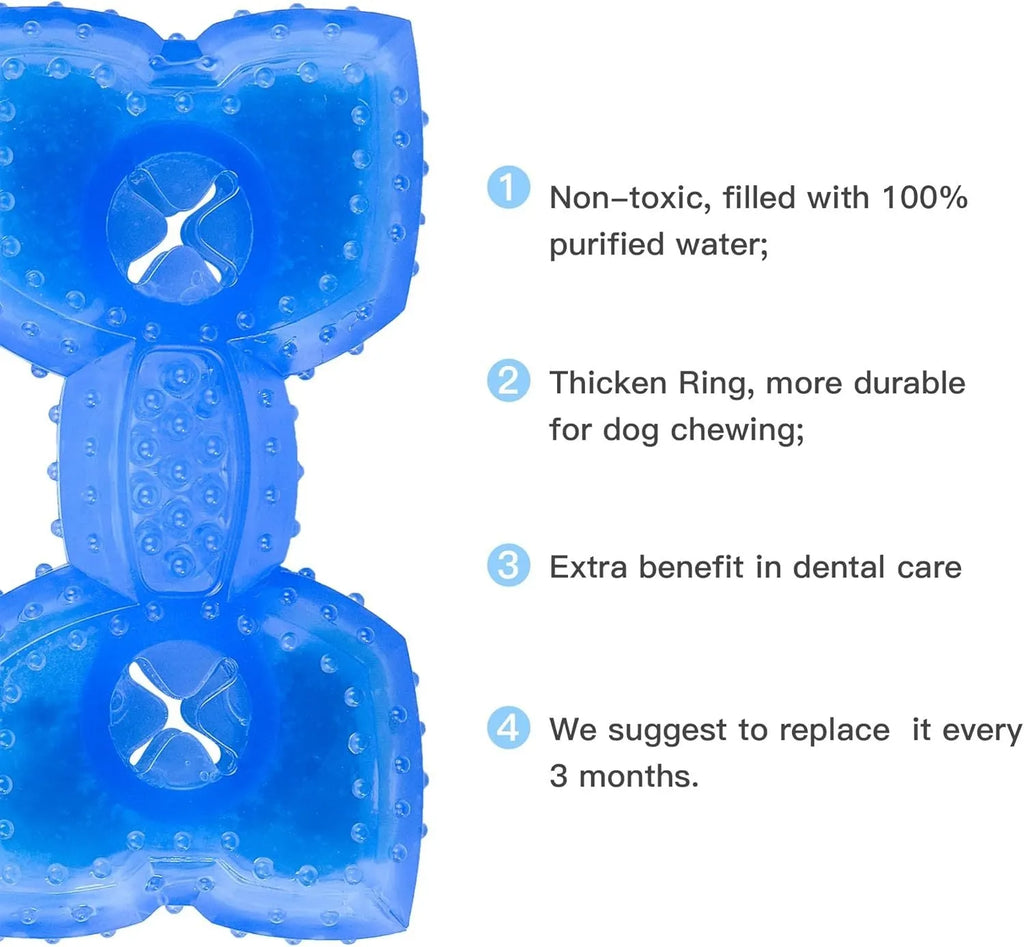 Freezable water-filled dog cooling teether chew toy in bone and circle shapes