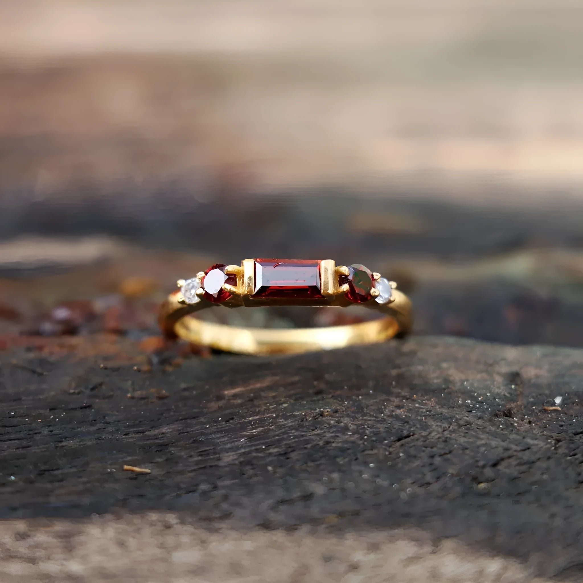 S925 sterling silver ring with redstone inlay on yellow gold band, geometric design, women's US size 7