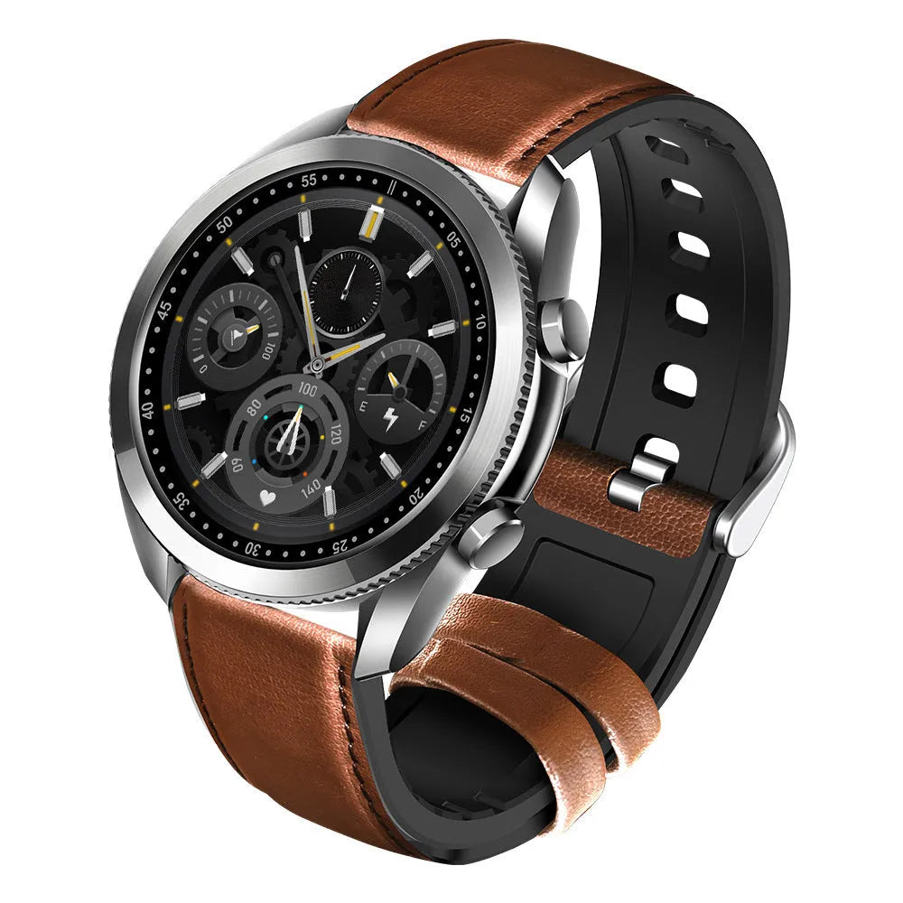 UM90 smartwatch with black leather strap showing time on a circular touch screen display.