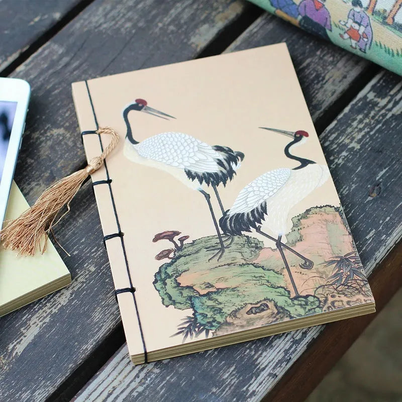 A5 antique wire-bound notebook with retro painting design on white cowhide cover