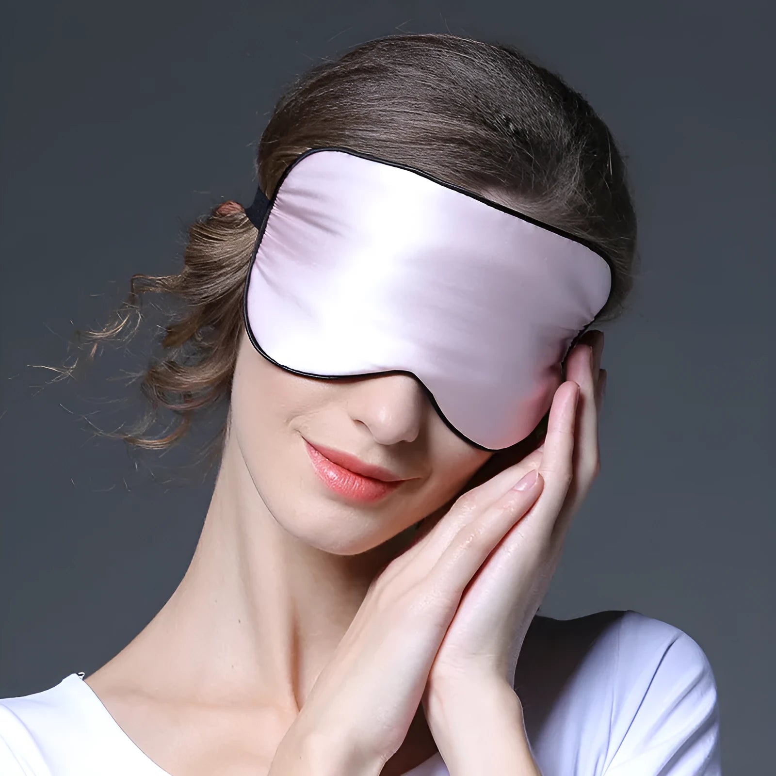 Double-sided Mulberry silk eye mask in a selection of colours including black, wine red, and ivory white.