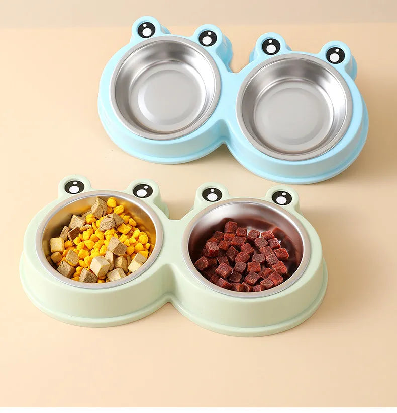 Stainless steel pet double bowl with frog water reservoir in blue, green or pink colours