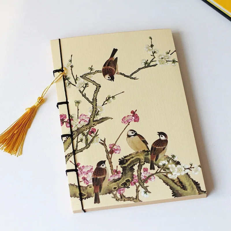 A5 antique wire-bound notebook with retro painting design on white cowhide cover