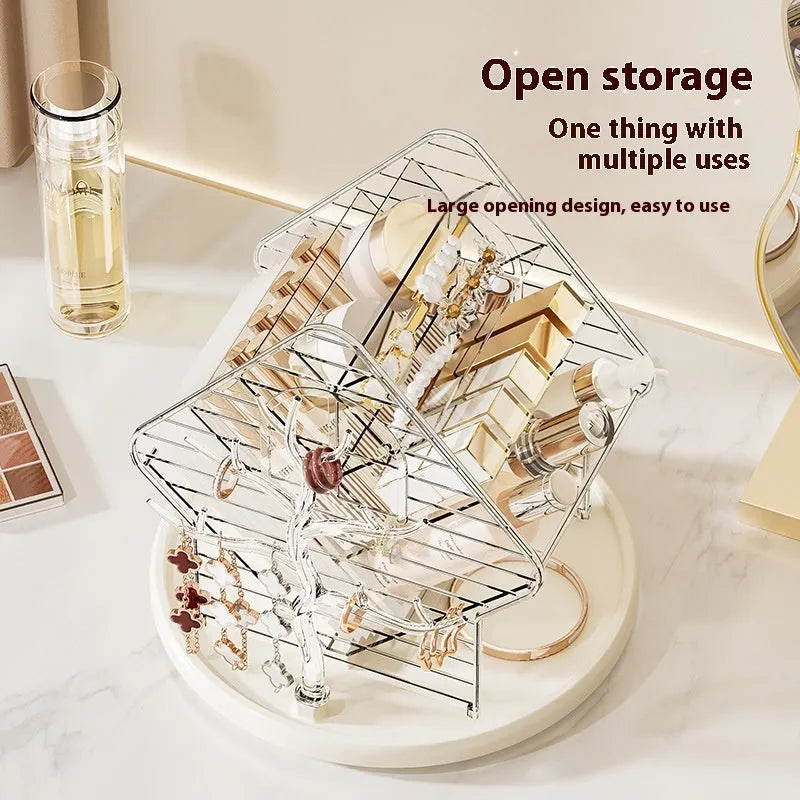 Rotating clear plastic cosmetics storage box on a counter, showing 360-degree spin function.