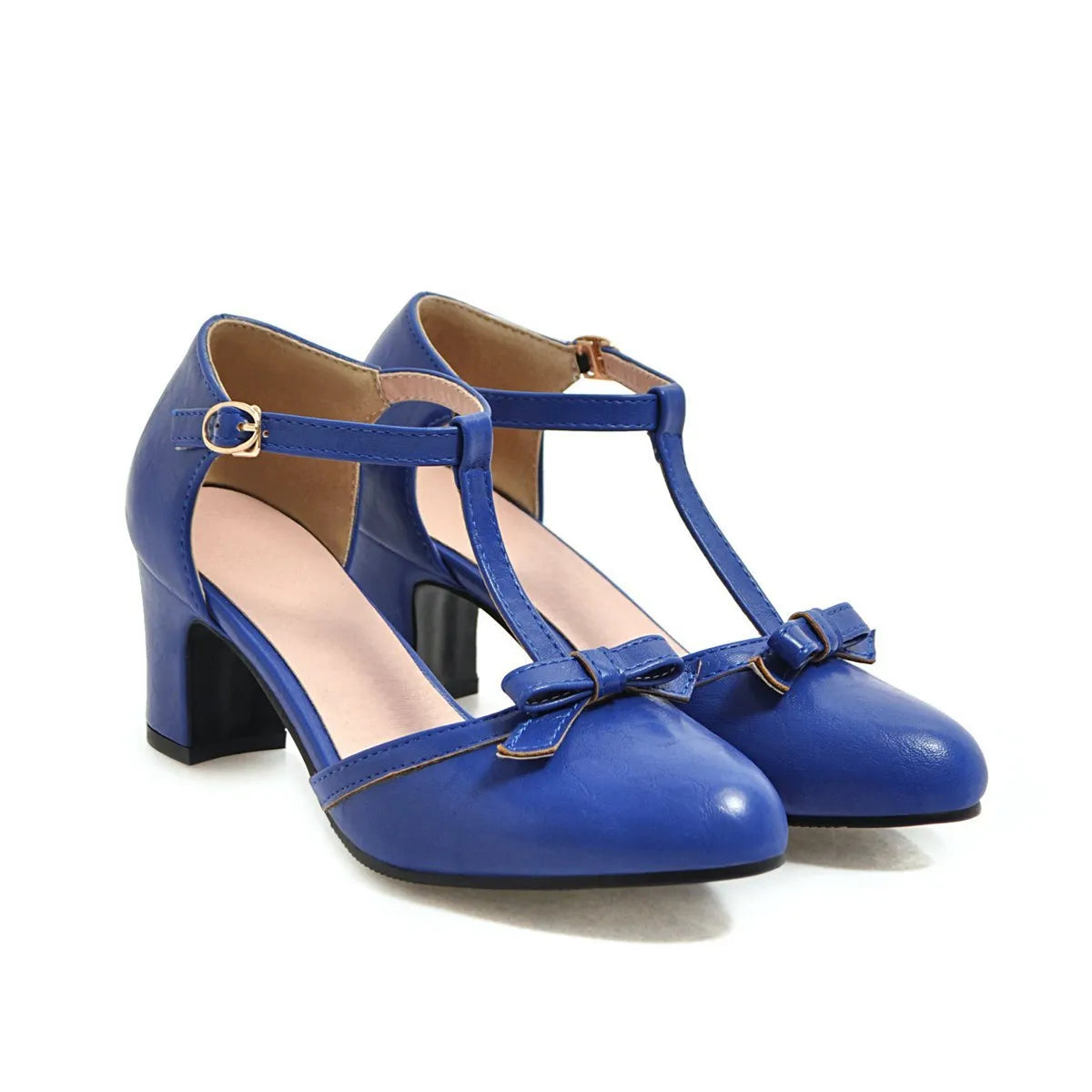 Women's solid colour sandals with chunky 6.5cm heel, buckle strap, and bow detail