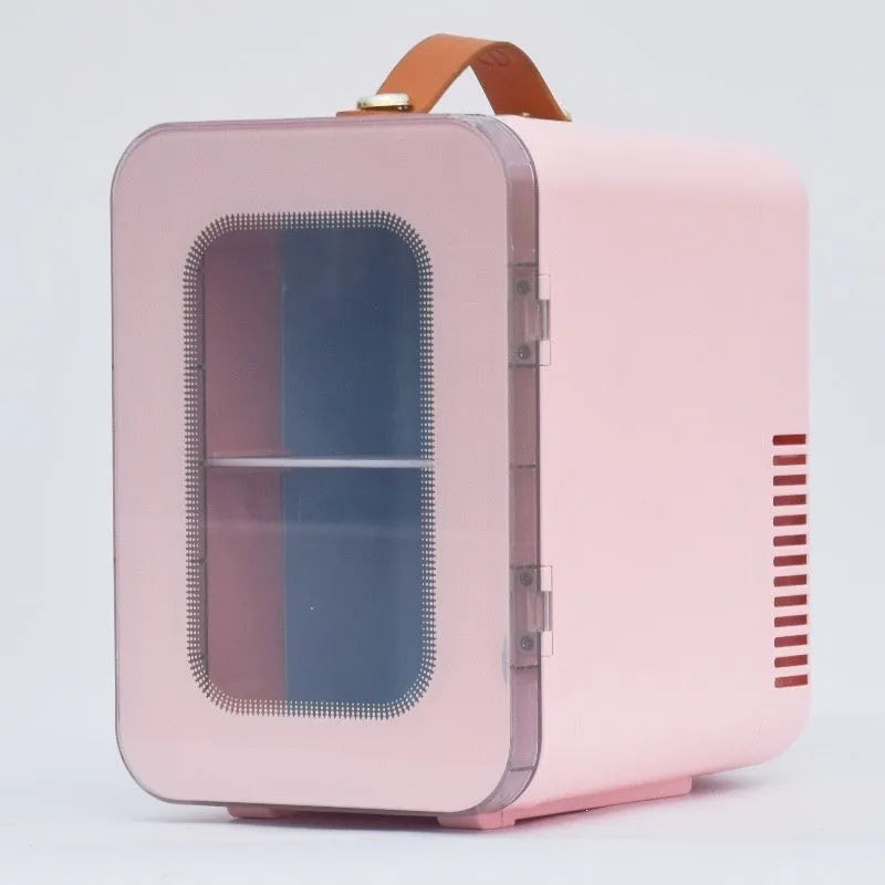 Pink mini refrigerator with transparent door showing dual-power 6L capacity for car and home use