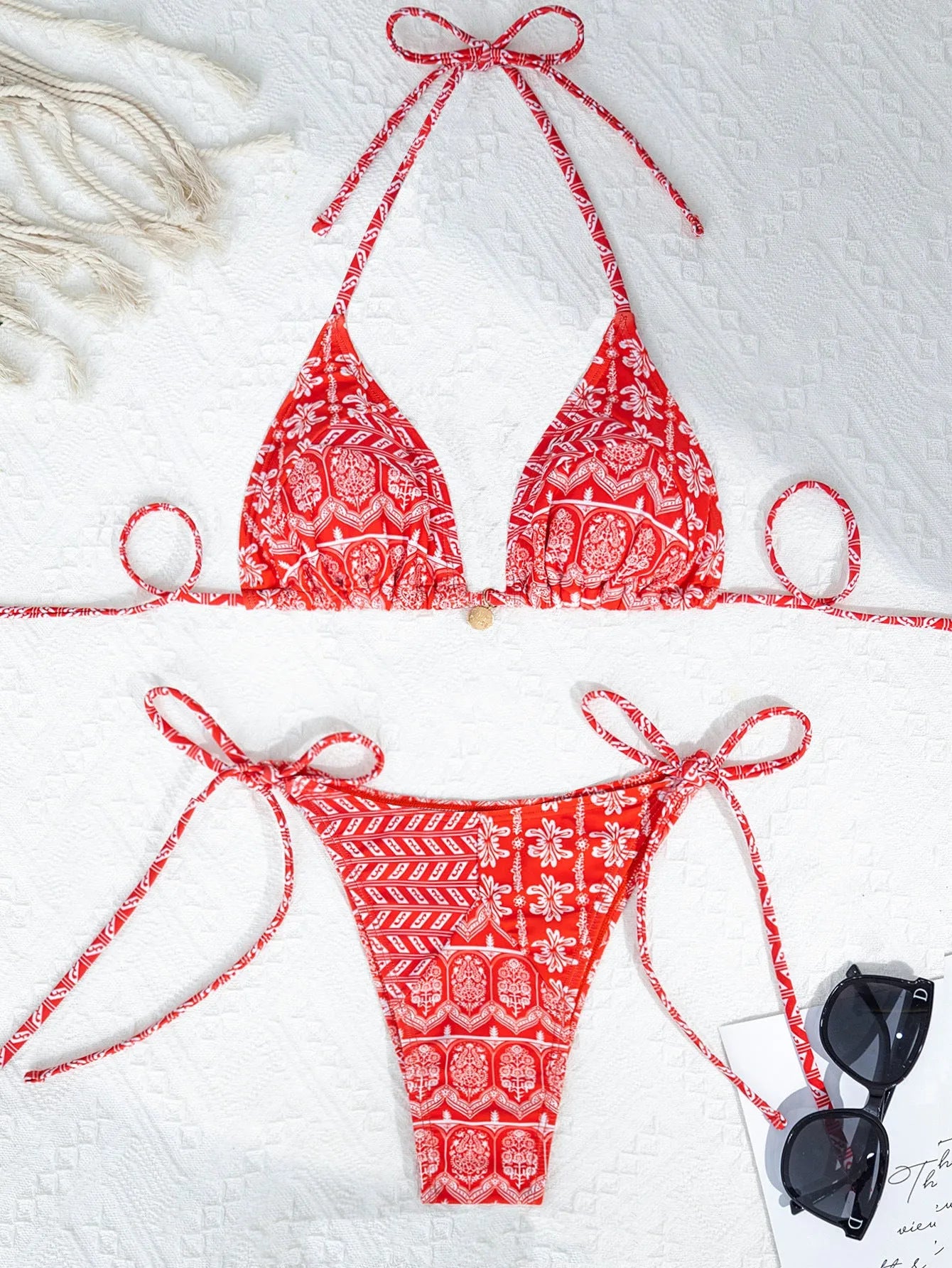 Women's split bikini swimsuit with bandage style and contrast stitching in polyester fabric