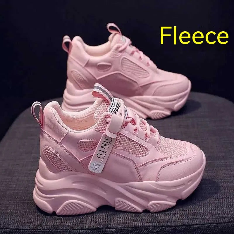 Women's black mesh platform casual shoes with hollow-out design and TPR sole