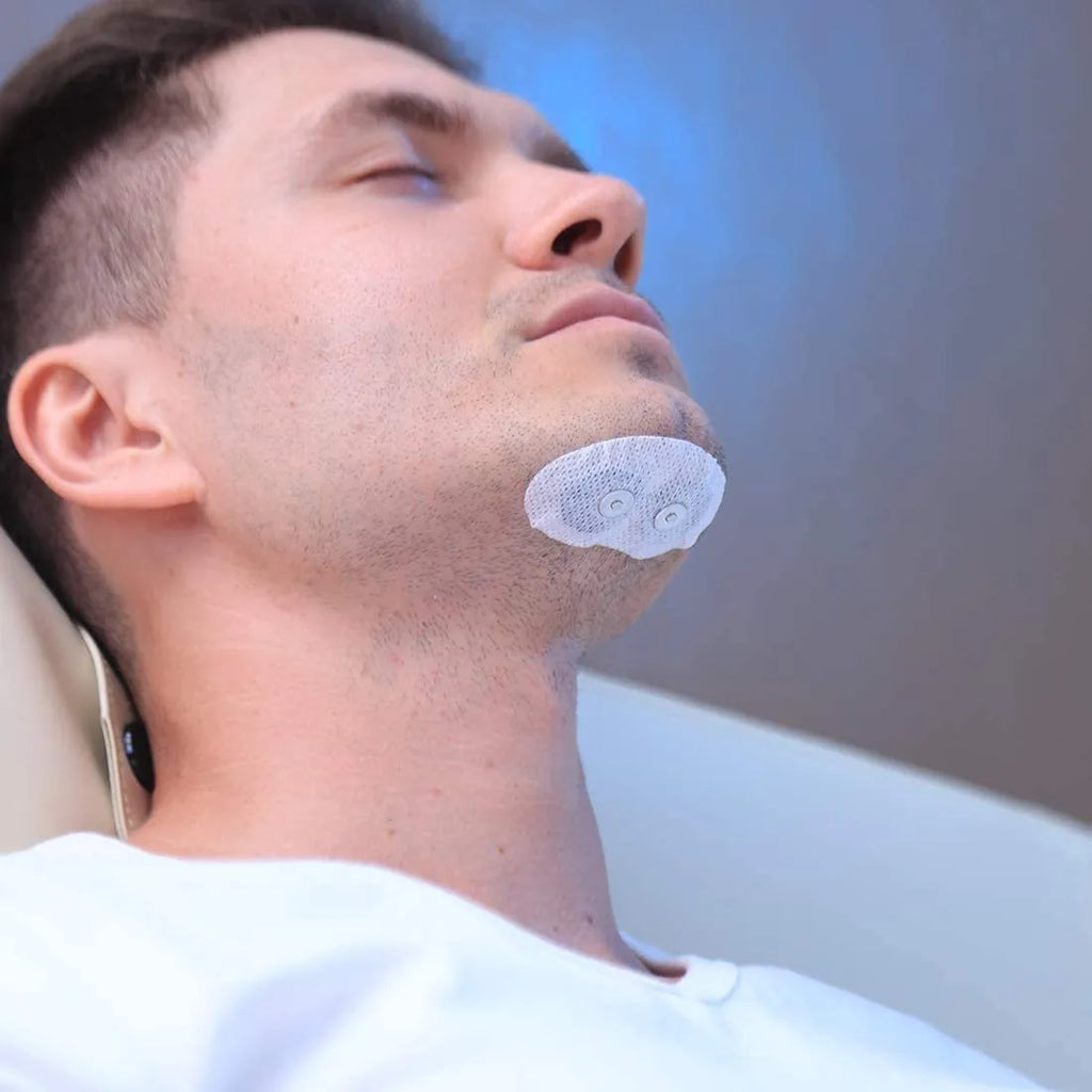 Smart anti-snoring device with electronic muscle stimulator and twenty conductive strips