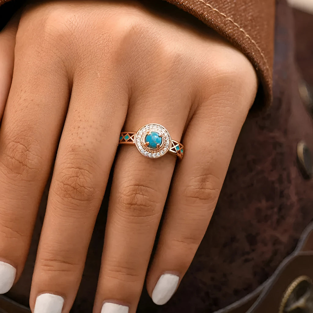 Women's turquoise ethnic geometric copper ring with rose gold finish and square design