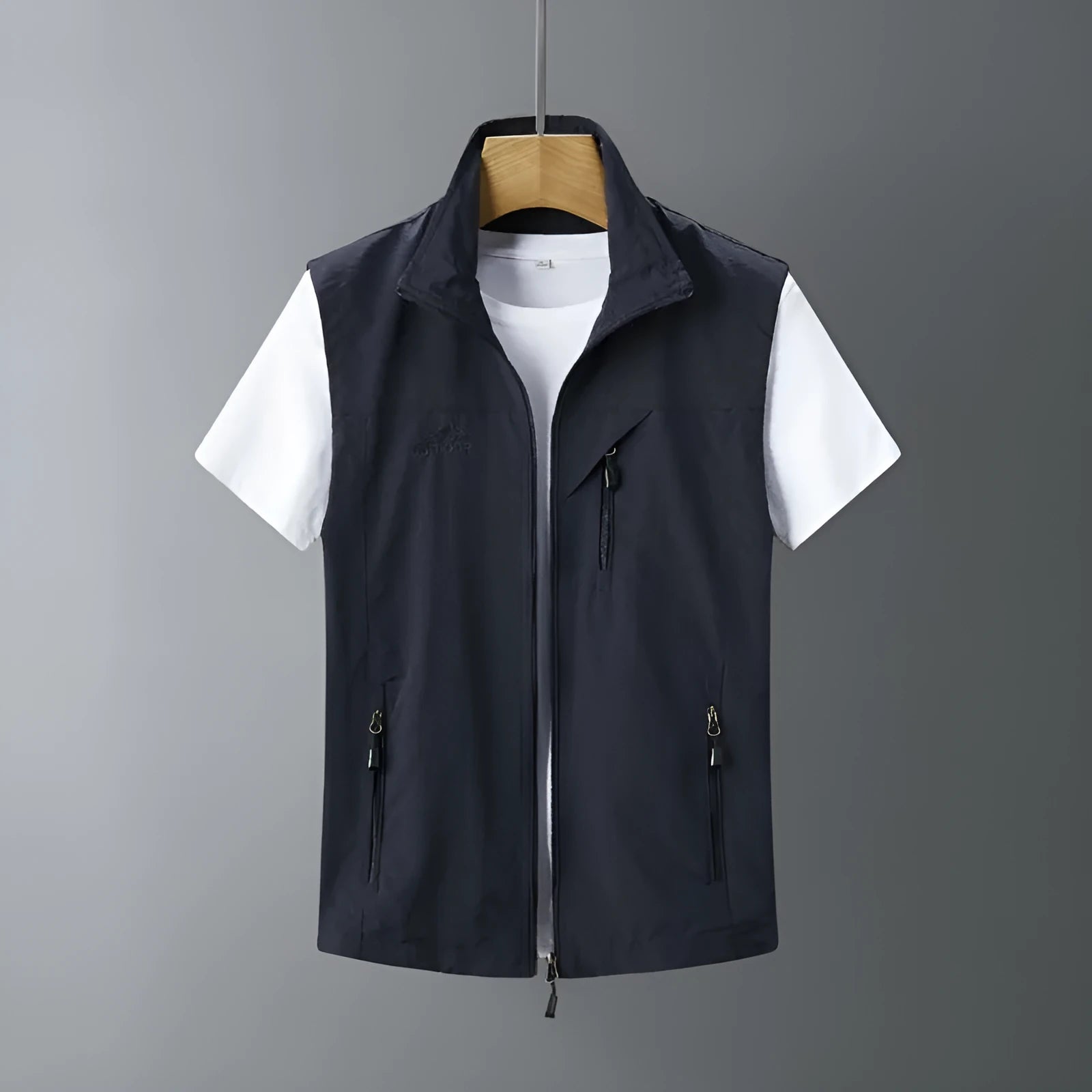 Men's hooded rabbit fur vest waistcoat coat in slim fit shown in army green colour.
