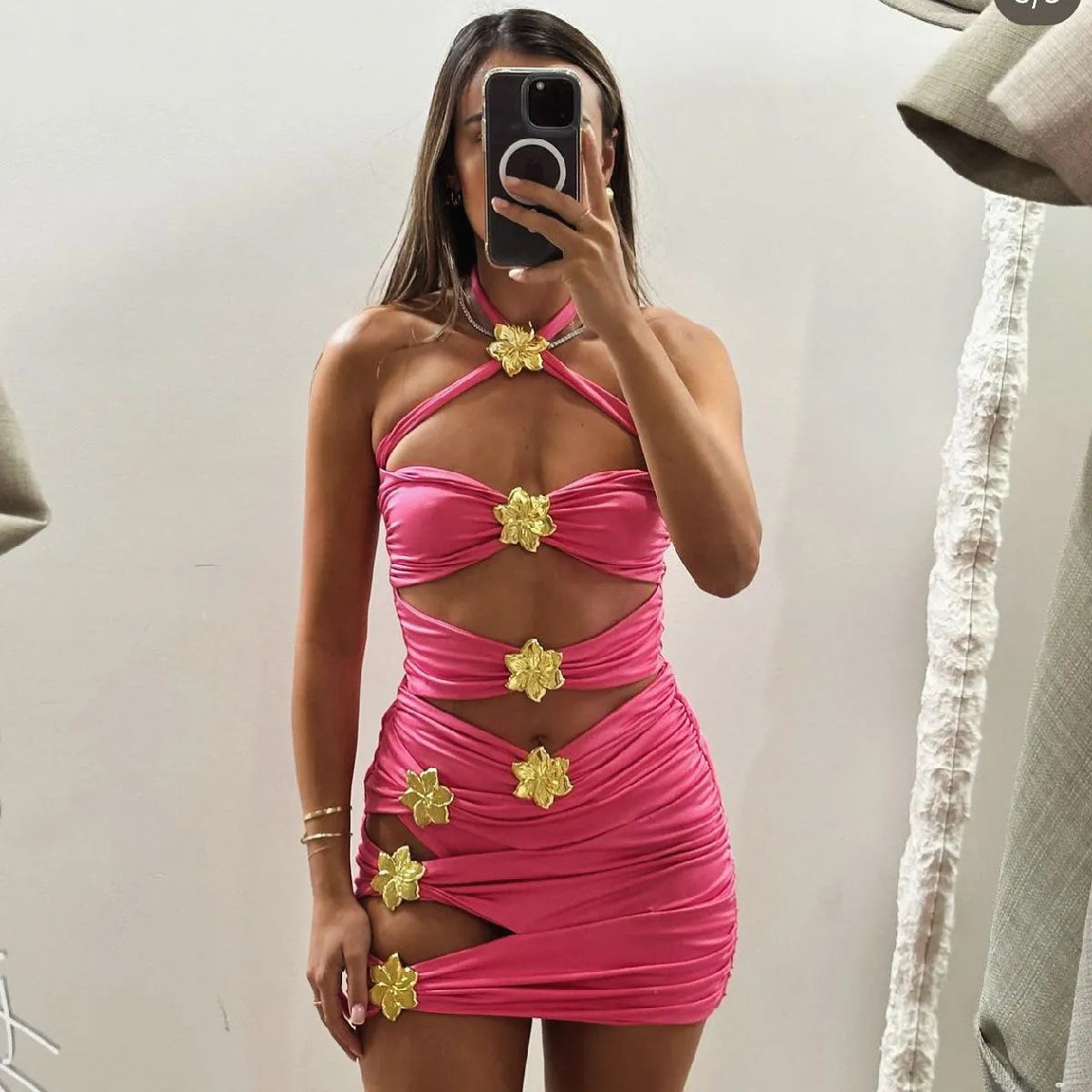 Female solid color one-piece swimsuit with high waist tube top and matching short skirt in black, white, pink or red