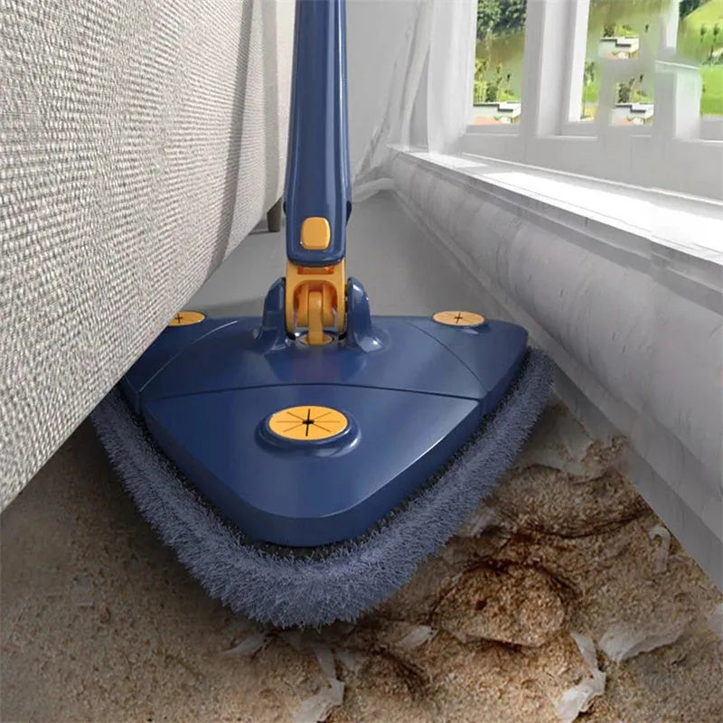 Extendable blue triangle mop with rotating head and long stainless steel pole for cleaning floors and walls.