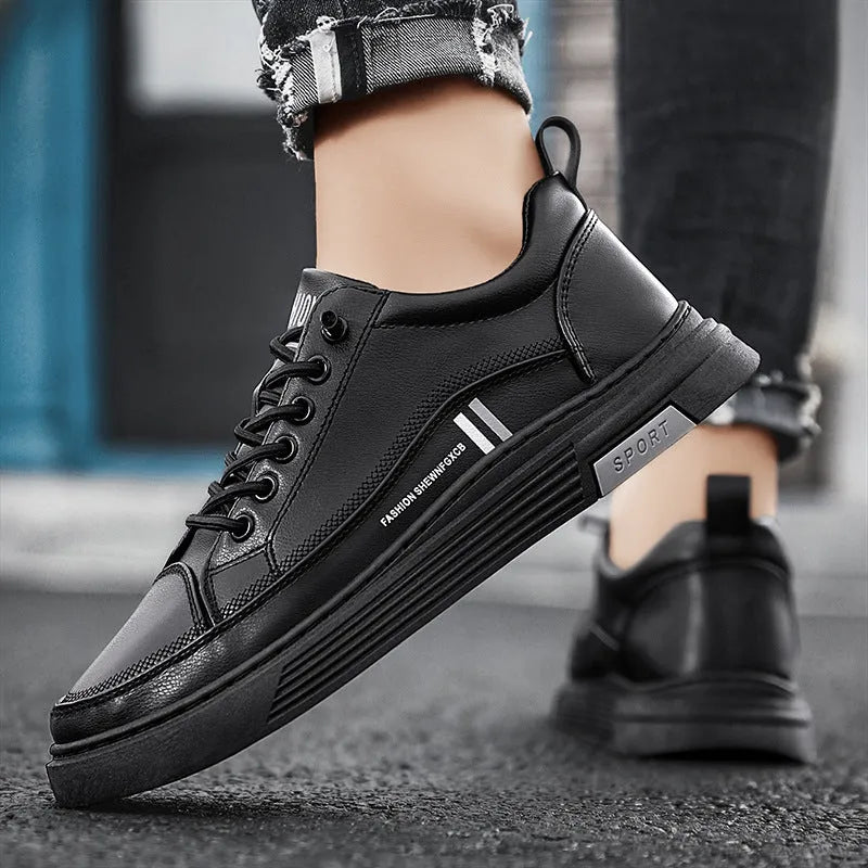 Men's white and black microfiber skateboard shoes with elastic band and rubber sole