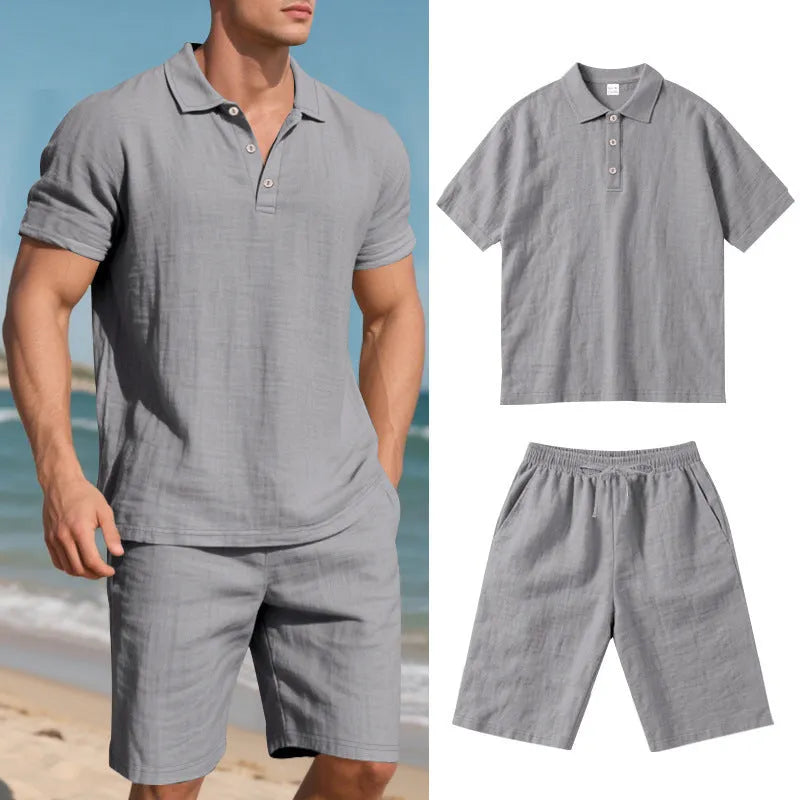 Men's loose-fit linen blend shorts suit in light blue for summer, showing short-sleeve shirt and matching shorts.