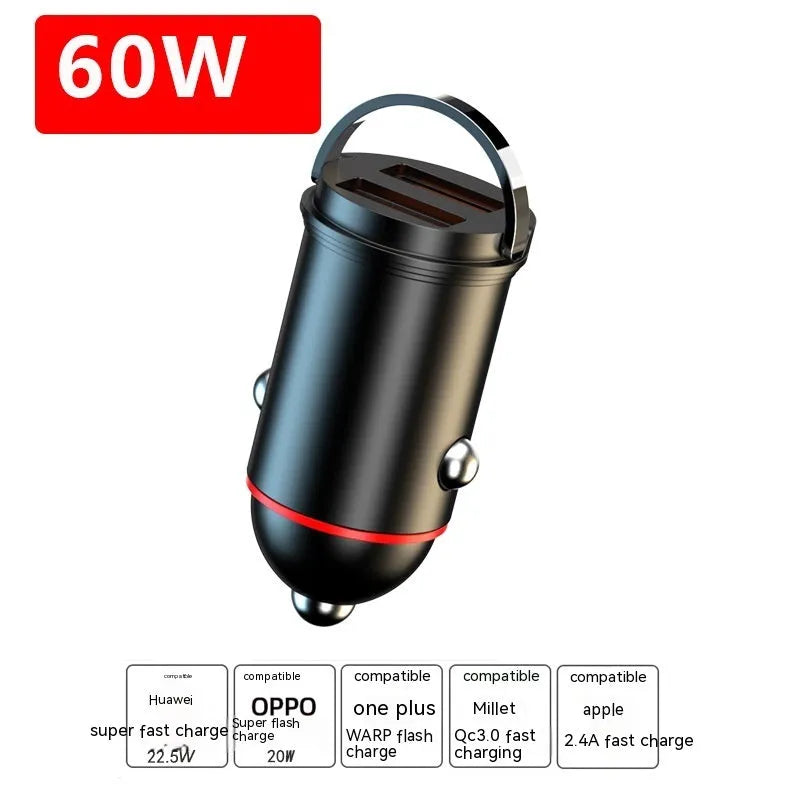 Black zinc alloy car charger for vehicle USB charging, showing compact size.