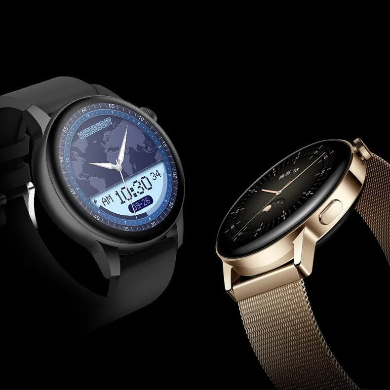 Smart watch with colour screen and stainless steel body showing black, pink, and silver colour options