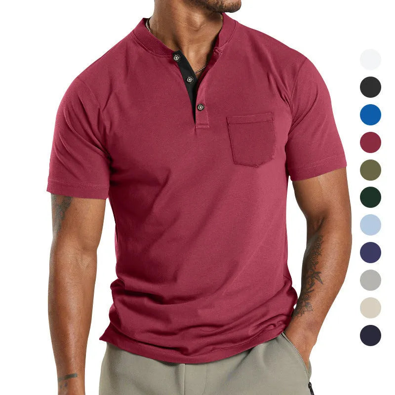 Men's plus size short sleeve button pocket shirt in solid colour polyester fabric.