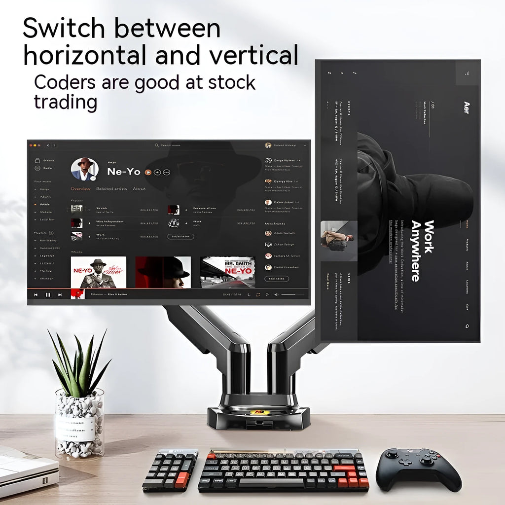 Black dual monitor desk mount bracket with VESA plates and a height-adjustable lifting arm.