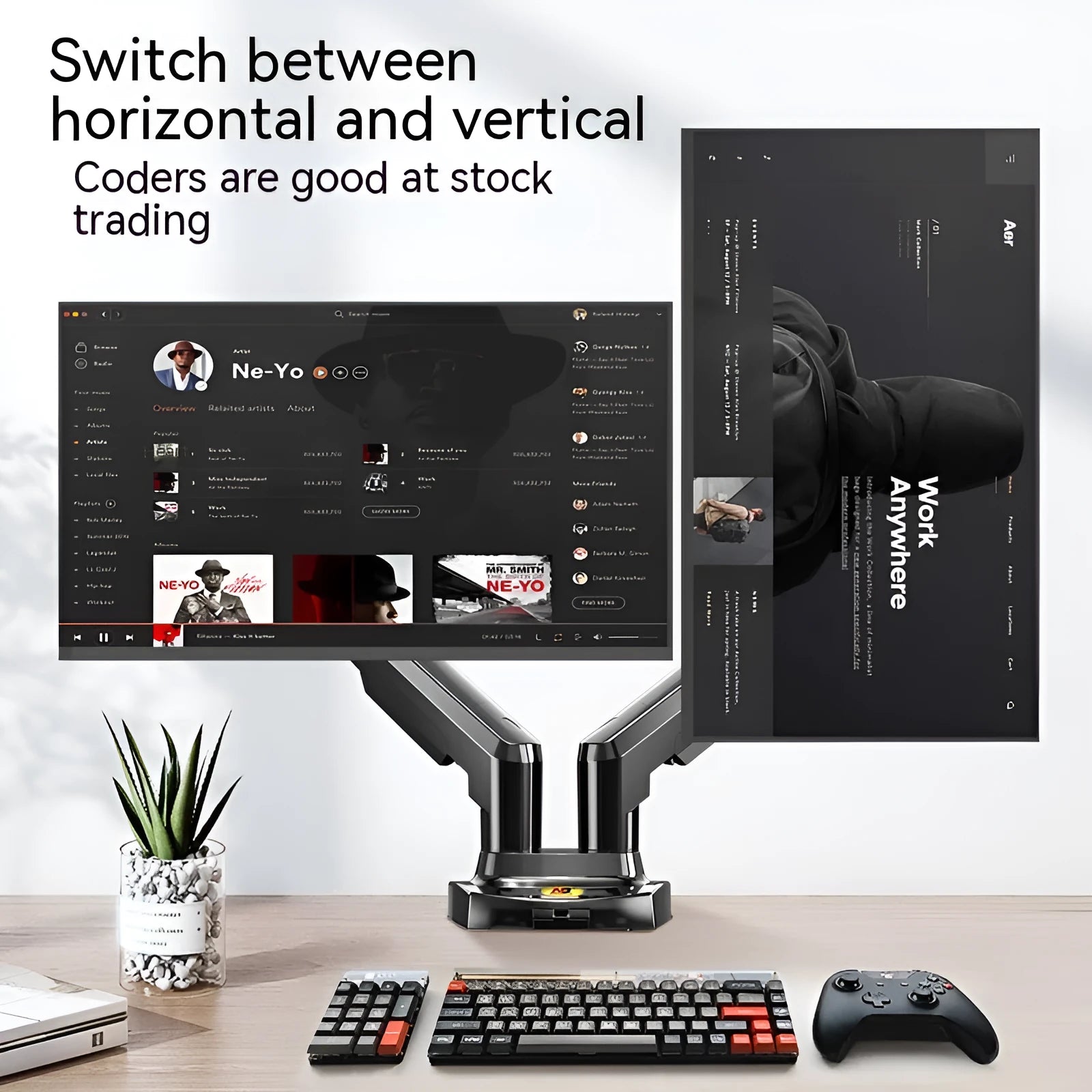 Black dual monitor desk mount bracket with VESA plates and a height-adjustable lifting arm.