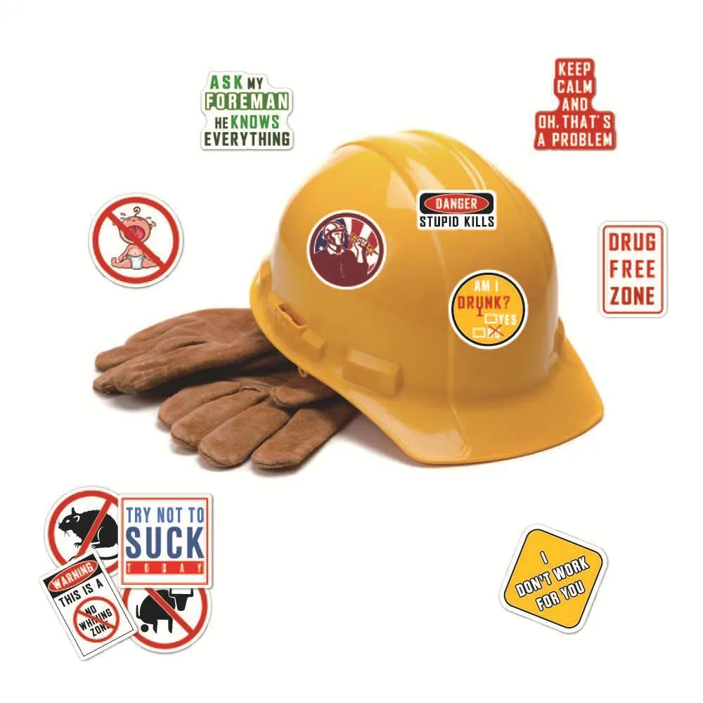 Pack of 50 waterproof PVC warning stickers for helmets, featuring various slogans printed in four colours.